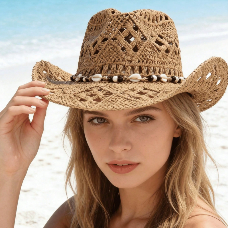 1pc Boho Shell Hollow Out Stra – Cowboy Hat Straw recenzja i cena